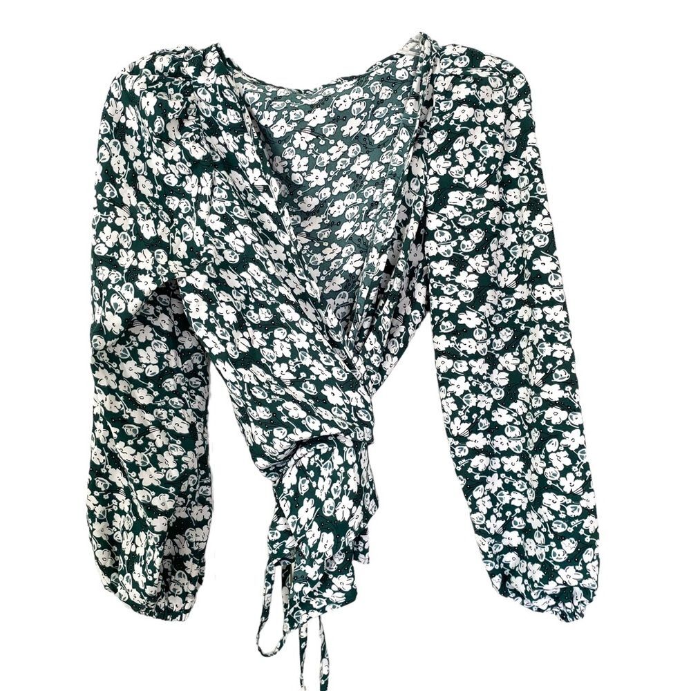 Shein Green & White Floral Wrap Tie Long Sleeve Blouse Cottagecore Top Size S